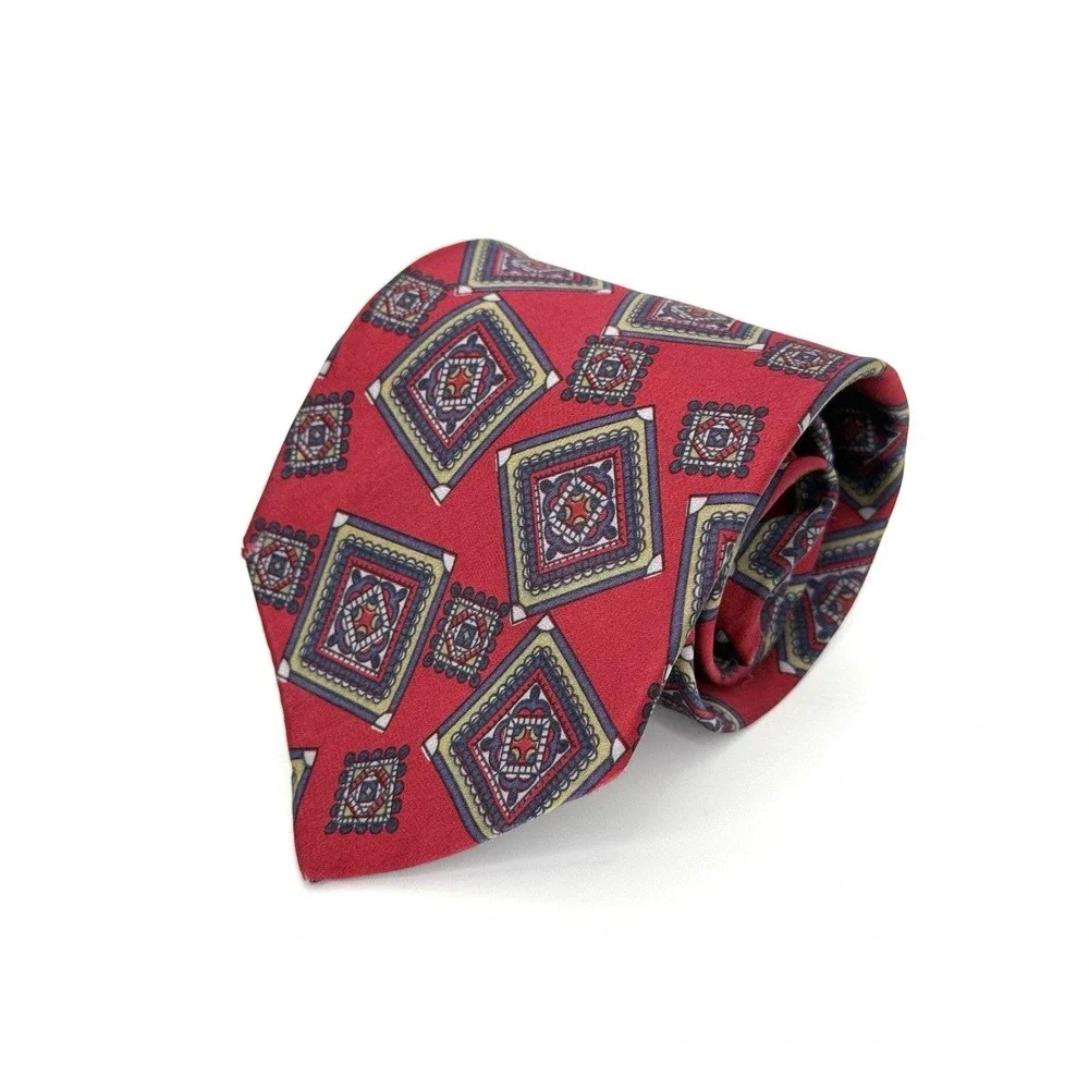 VTG Austin Reed Regent Street Silk Tie Red Geometric Pattern‎ Made in Italy 57